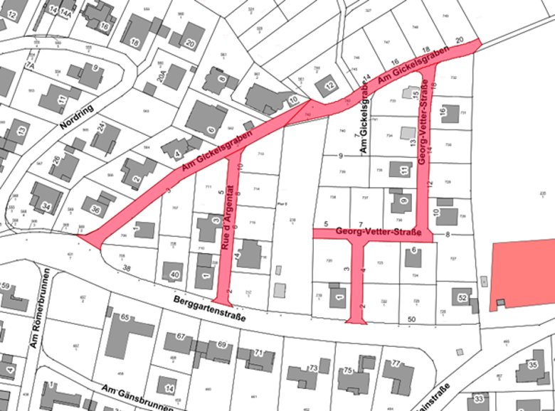 Lageplan, die betroffenen Straßen sind in rot hervorgehoben.
