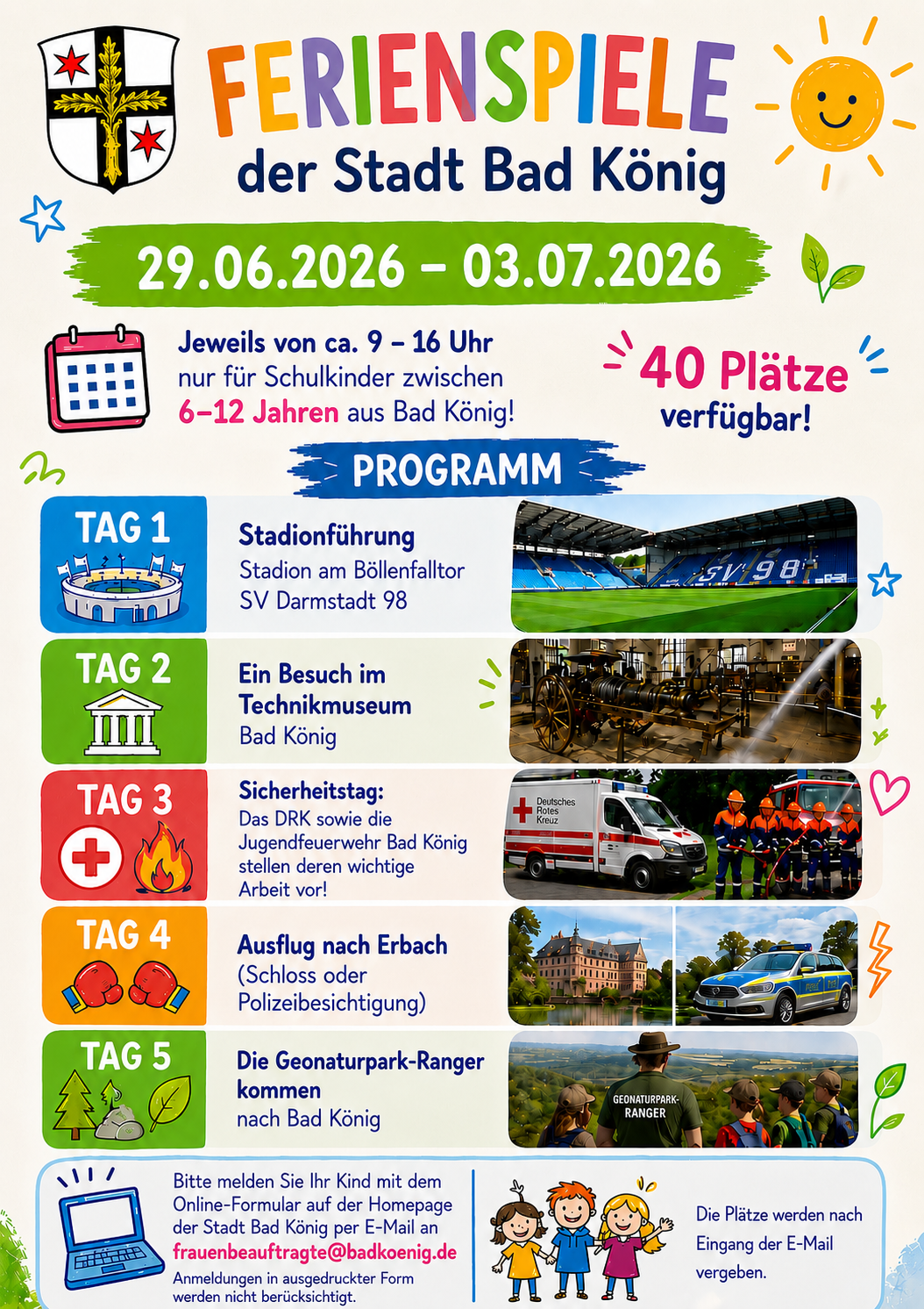 Flyer über das Programm der Ferienspiele, siehe nachstehenden Text