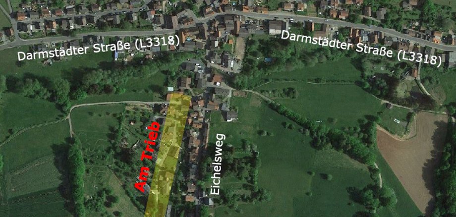 Luftbild von Nieder-Kinzig mit der eingezeichneten Straßensperrung; Informationen im folgenden Artikel