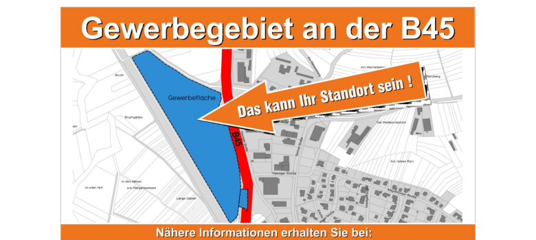 Werbebild und Standortplan des Gewerbegebiet an der B 45 in Bad König 