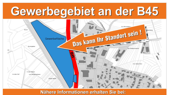 Werbebild und Standortplan des Gewerbegebiet an der B 45 in Bad König 