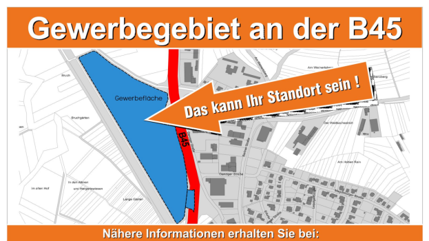 Werbebild und Standortplan des Gewerbegebiet an der B 45 in Bad König