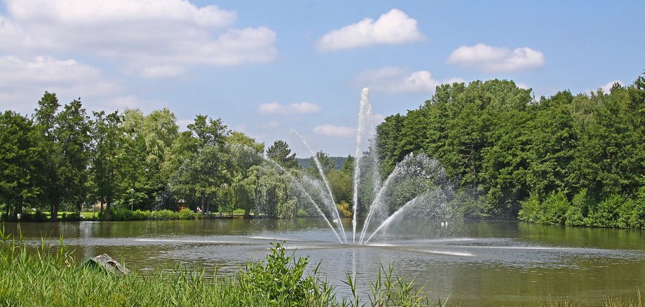 Blick auf die Wasserfontäne am kleinen See im Kurpark Bad König