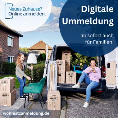 Infoflyer elektronische Wohnsitzanmeldung. Inhalt: Neues Zuhause? Online anmelden. Digitale Ummeldung ab sofort auch für Familien! Infos unter www.wohnsitzanmeldung.de