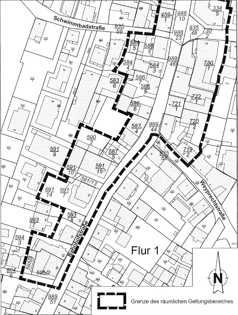 Plan aus dem amtlichen Liegenschaftskatasterinformationssystem über den Geltungsbereich der Veränderungssperre im Süd-Teil