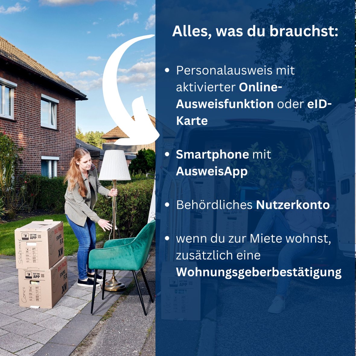 eWA Familien Kommunen neu - 3 Infoflyer elektronische Wohnsitzanmeldung, Seite drei. Inhalt: Alles, was du brauchst: Personalausweis mit aktivierter Online-Ausweisfunktion oder eID-Karte, Smartphone mit AusweisApp, behördliches Nutzerkonto und wenn du zur Miete wohnst, zusätzlich eine Wohnungsgeberbescheinigung.